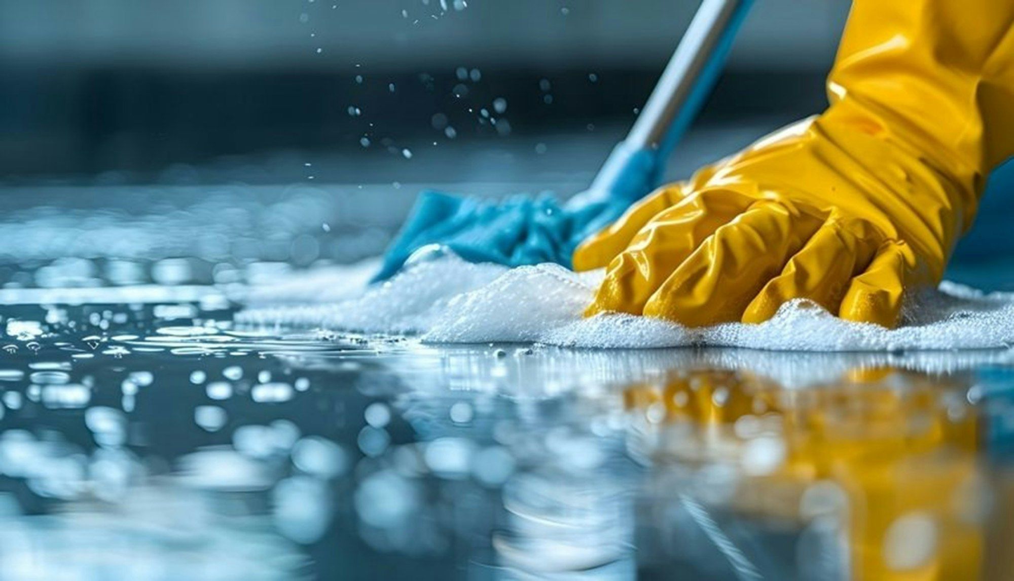 A gloved hand wiping a wet surface with a blue cloth and soapy foam.
